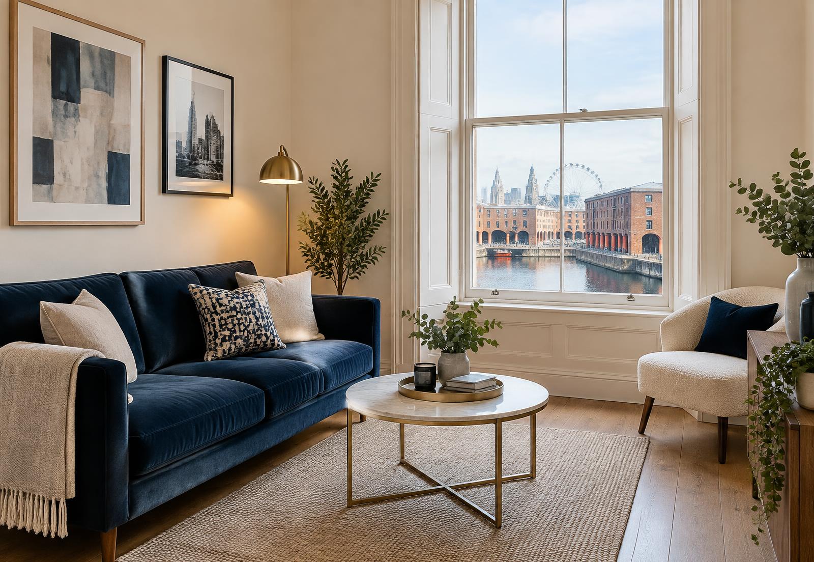 Bright, well-furnished city apartment living room with a navy sofa and a view over Liverpool's Royal Albert Dock